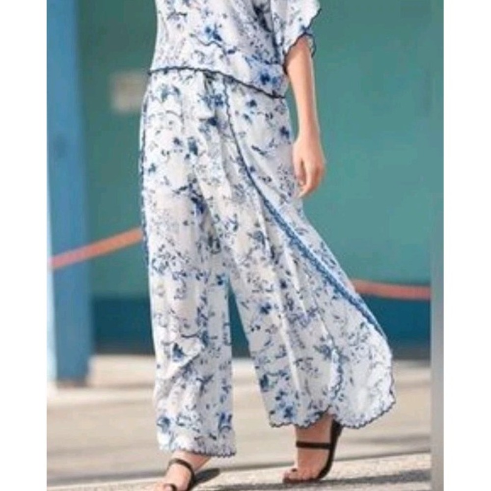 JOHNNY WAS Avalon Blue Floral Animal Print Silk Wide Leg Palazzo Pants